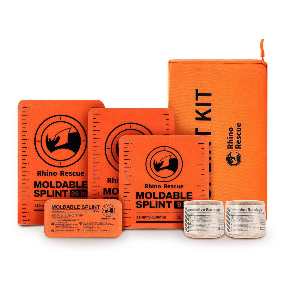RHINO RESCUE 4-Size Moldable First Aid Splint Kit, Orange-Gray with Bandage