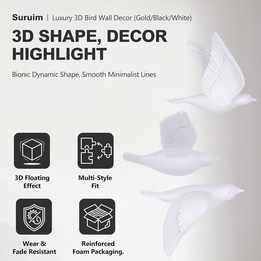 suruim 3D Birds Wall Decor Set of 3 Resin Wall Sculpture (White)