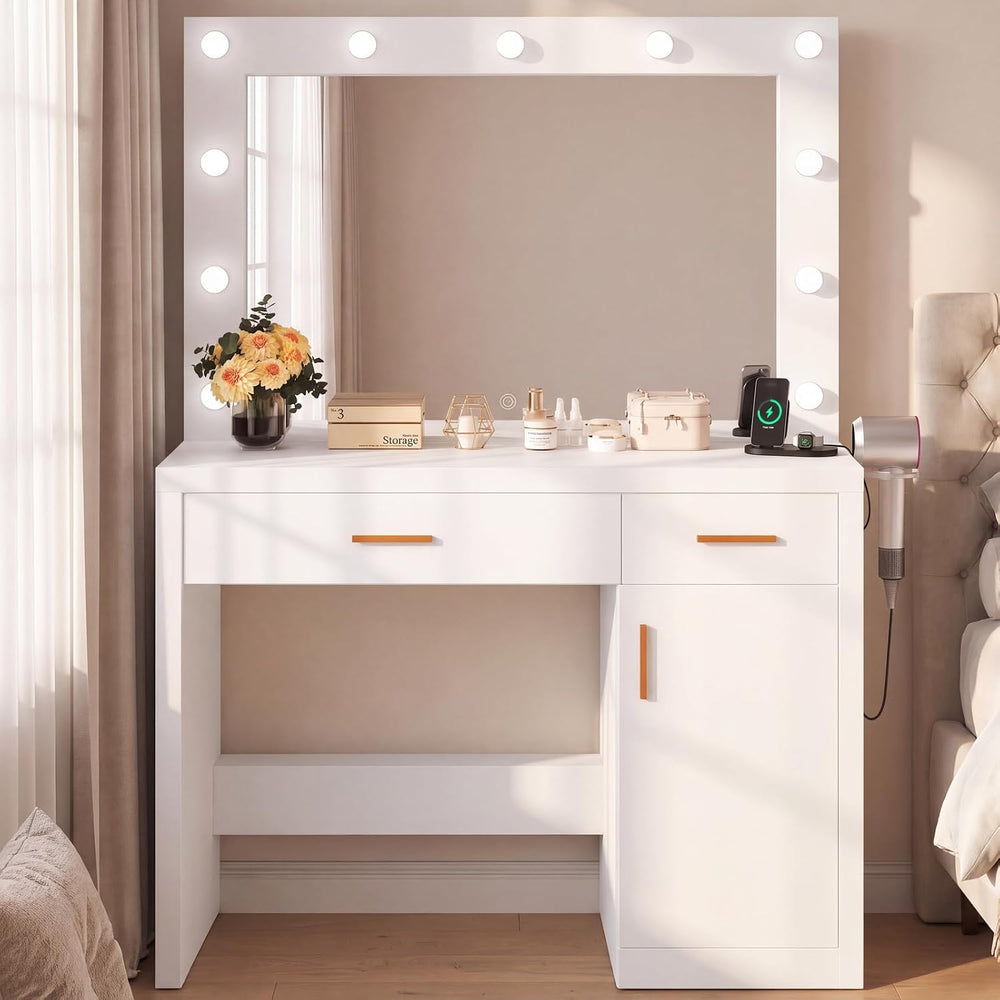 DUMOS Makeup Vanity Desk with Mirror and Lights, Charging Station