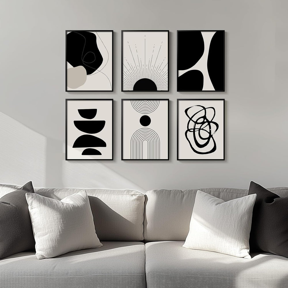 Framed Black and White Modern Abstract Wall Art for Living Room, 6 Pieces