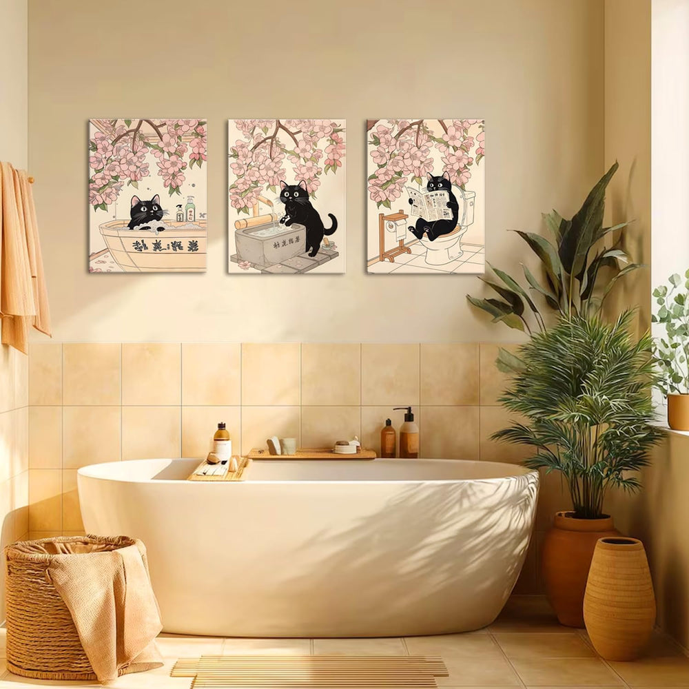 Funny Japanese Bathroom Wall Art Set of 3, Whimsical Black Cat Bathroom Wall ...