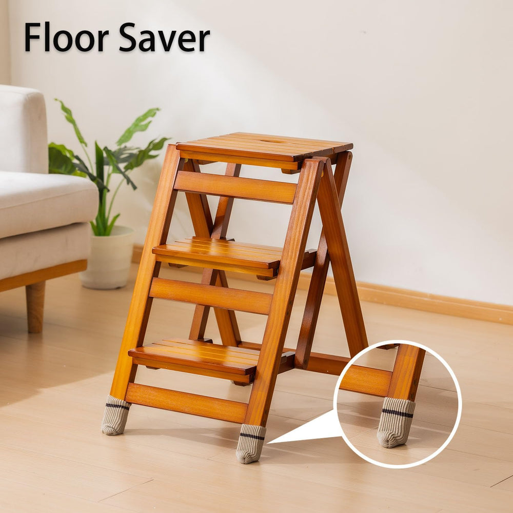 Latifolia Foldable 3 Step Ladder, Wooden Step Stool with Floor Saver, Decorat...