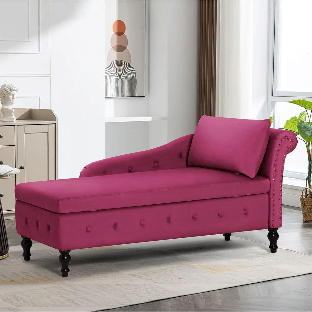 Velvet Chaise Lounge w/Right Armrest & Storage Space, Fuchsia