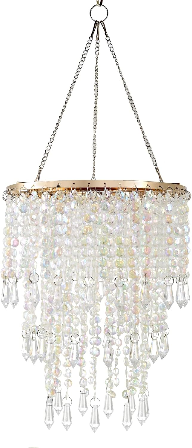 3-Tier Acrylic Chandelier Shade with Crystal Beads and Gold Frame - Elegant C...