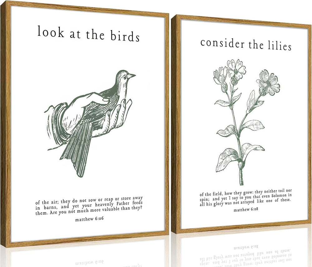 Framed Christian Wall Art Set – Matthew 6:26 “Look at the Birds” & “Consi...