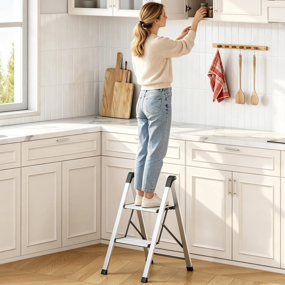 KINGRACK 2 Step Aluminum Step Ladders Foldable for Home, 330lb, Silver