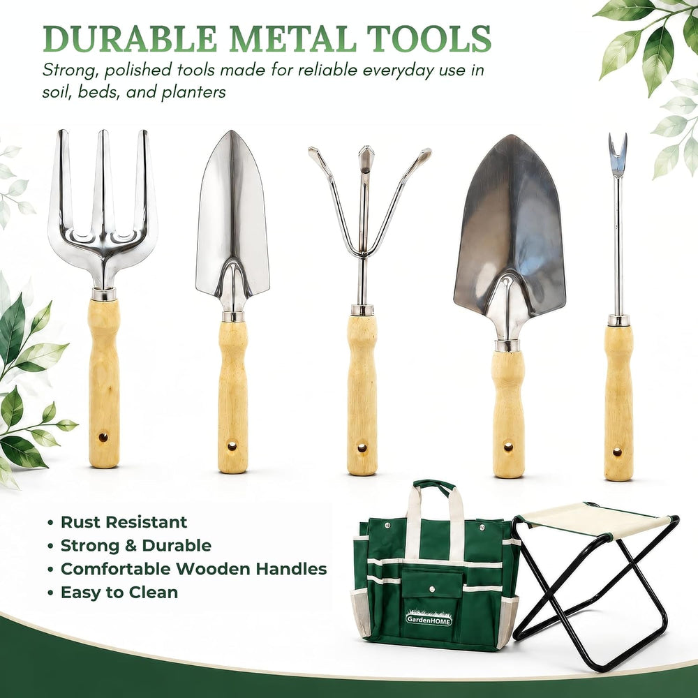 GardenHOME 7-Piece Garden Tool Set with Folding Stool & Storage Tote