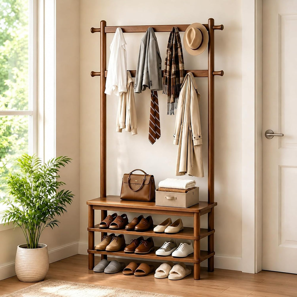 Solid Wood Hall Tree with Bench, Shoe Rack & 11 Hooks 27.2''
