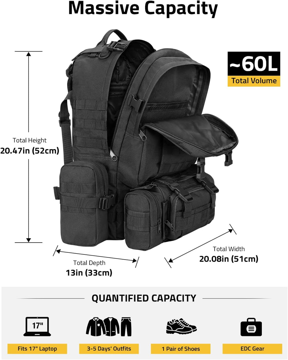 CVLIFE Tactical Backpack, 60L Large Rucksack Backpack for Men