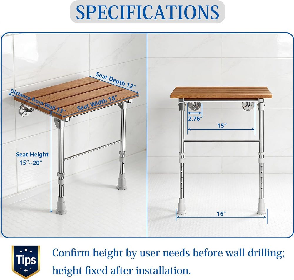 Folding Shower Seat Wall Mounted, Teak Wood