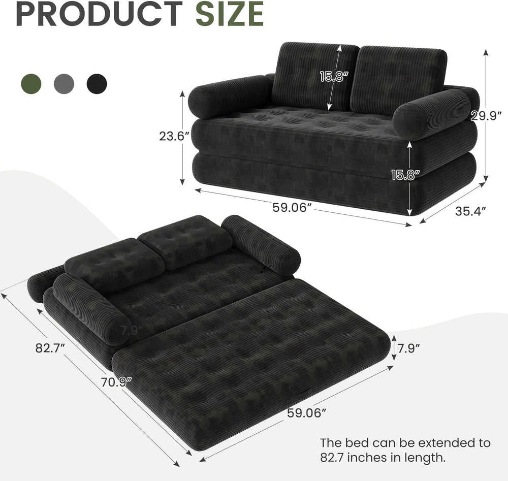 59" Convertible Sofa Bed, 5-in-1 Folding Sleeper Chair - Black, Full