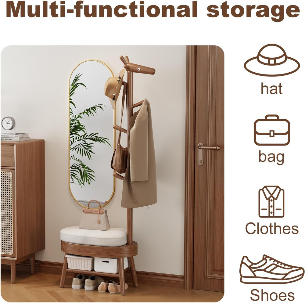 AQIMUELE Shoe Bench with Coat Rack, Shoe Rack with 9 Hooks, Walnut