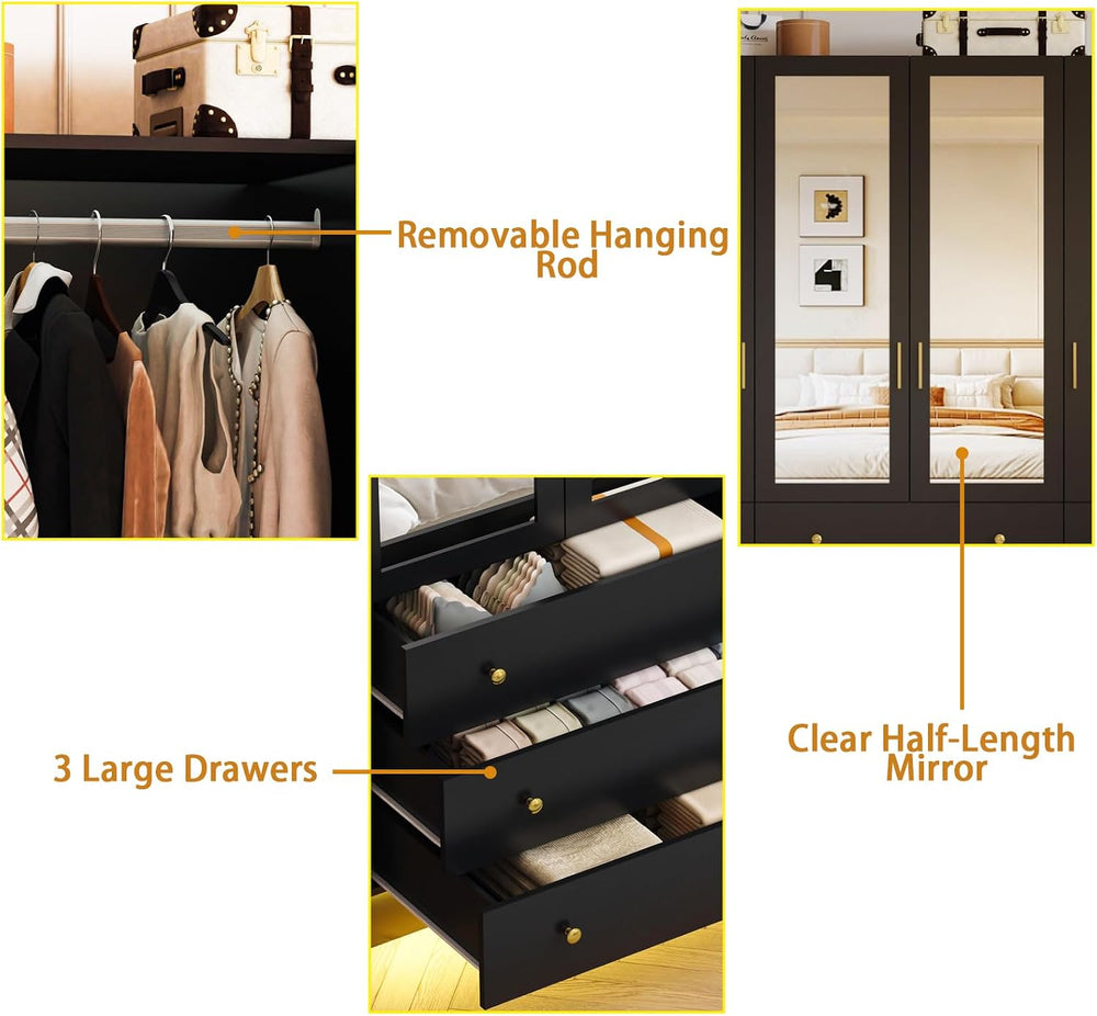 4 Doors LED Armoire Wardrobe Closet with Mirror, 75" Tall Modern Wooden ...