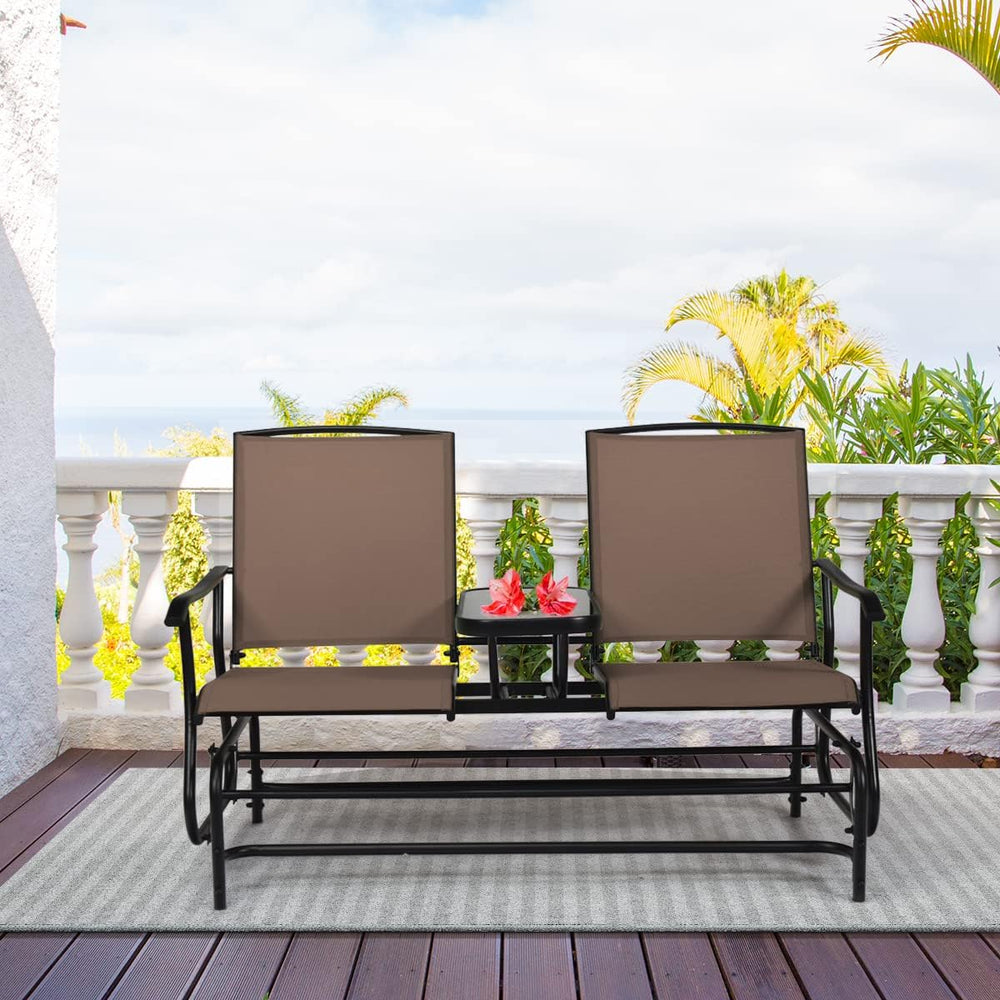 GIANTEX Patio Bench Glider Chair with Metal Frame, Center Tempered Glass Tabl...