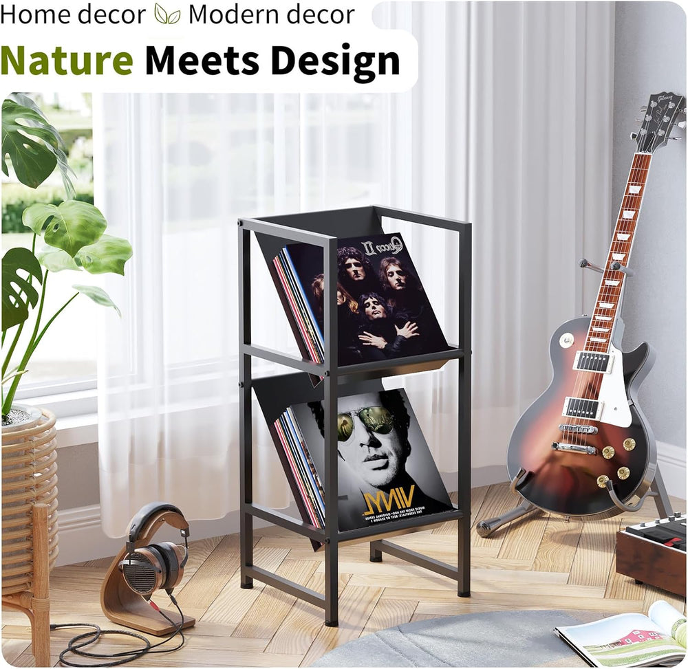 2-Tier Black Metal Vinyl Record Storage Holder for Collection