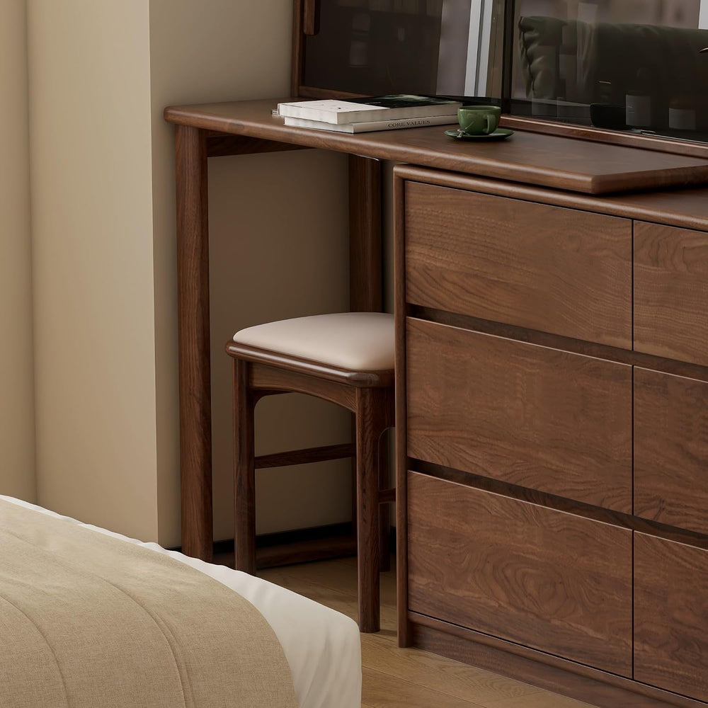 Upholstered Stool with Solid Wood Leg, Leather Padded Dining Ottoman Walnut F...