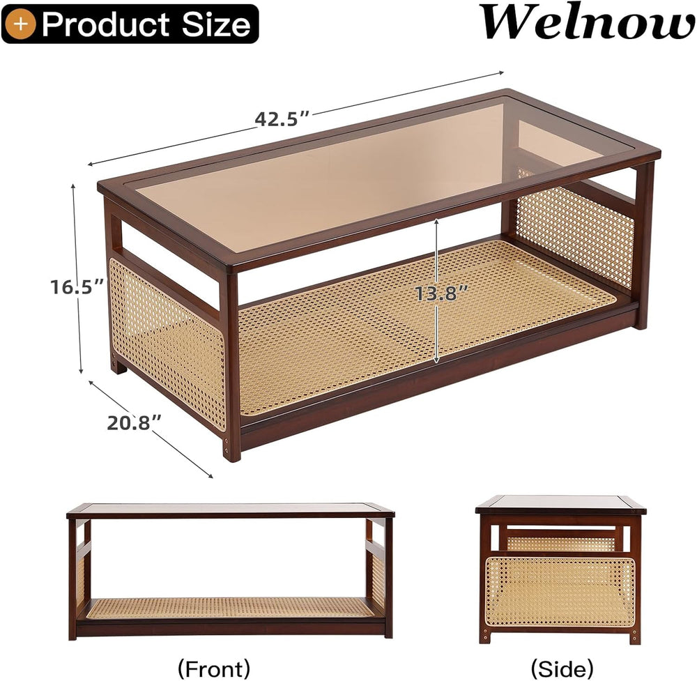 Welnow Rattan Coffee Table, 2-Tier Mid Century Modern Coffee Table, Walnut