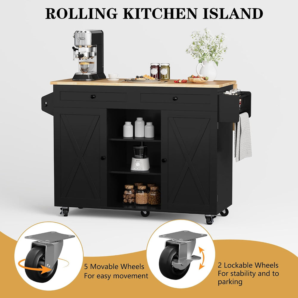 HLR Farmhouse Kitchen Island On Wheels, Black