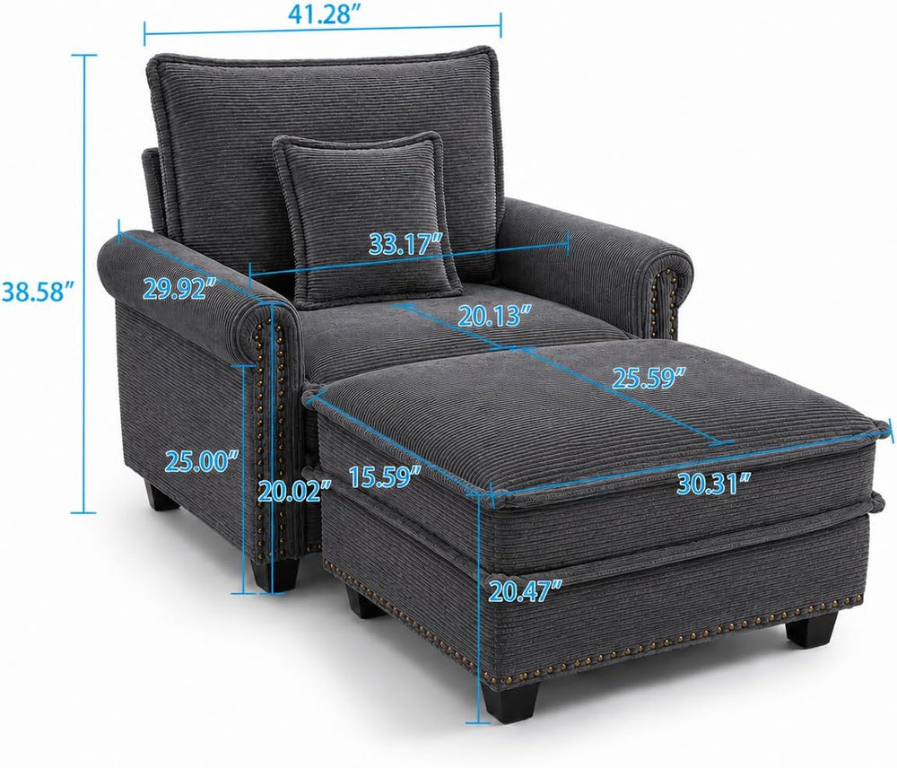 42-inch Nailhead Trim Sofa with Ottoman, Modern Corduroy Small Couch with Rol...
