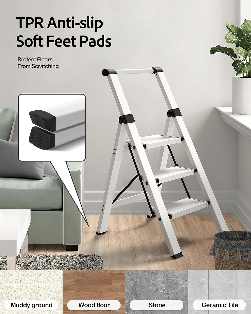 Taranta 3 Step Ladder,Lightweight Aluminum Step Stool Foldable -White