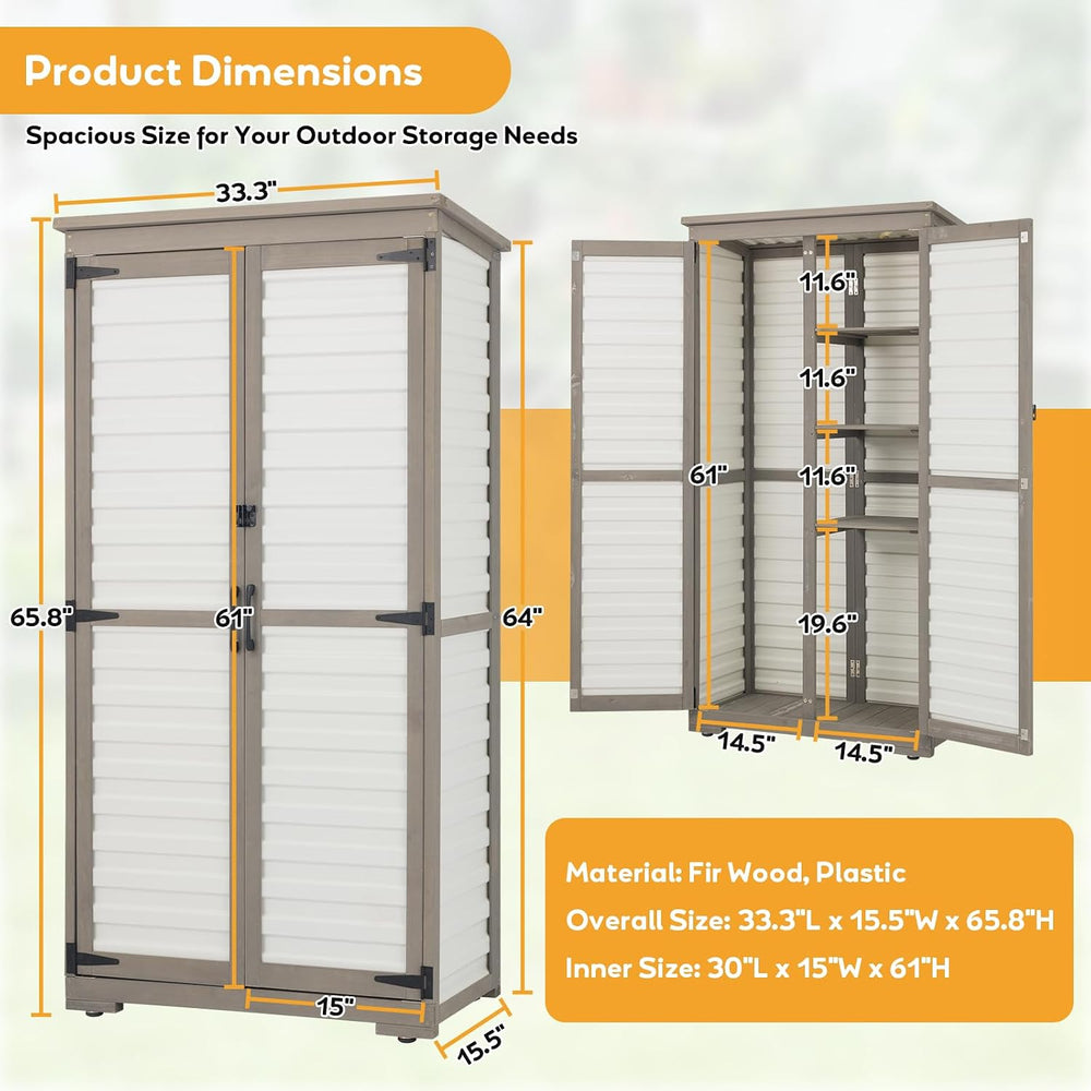 PetsCosset Outdoor Storage Cabinet with Shelves, Wood & Plastic Garden Sh...
