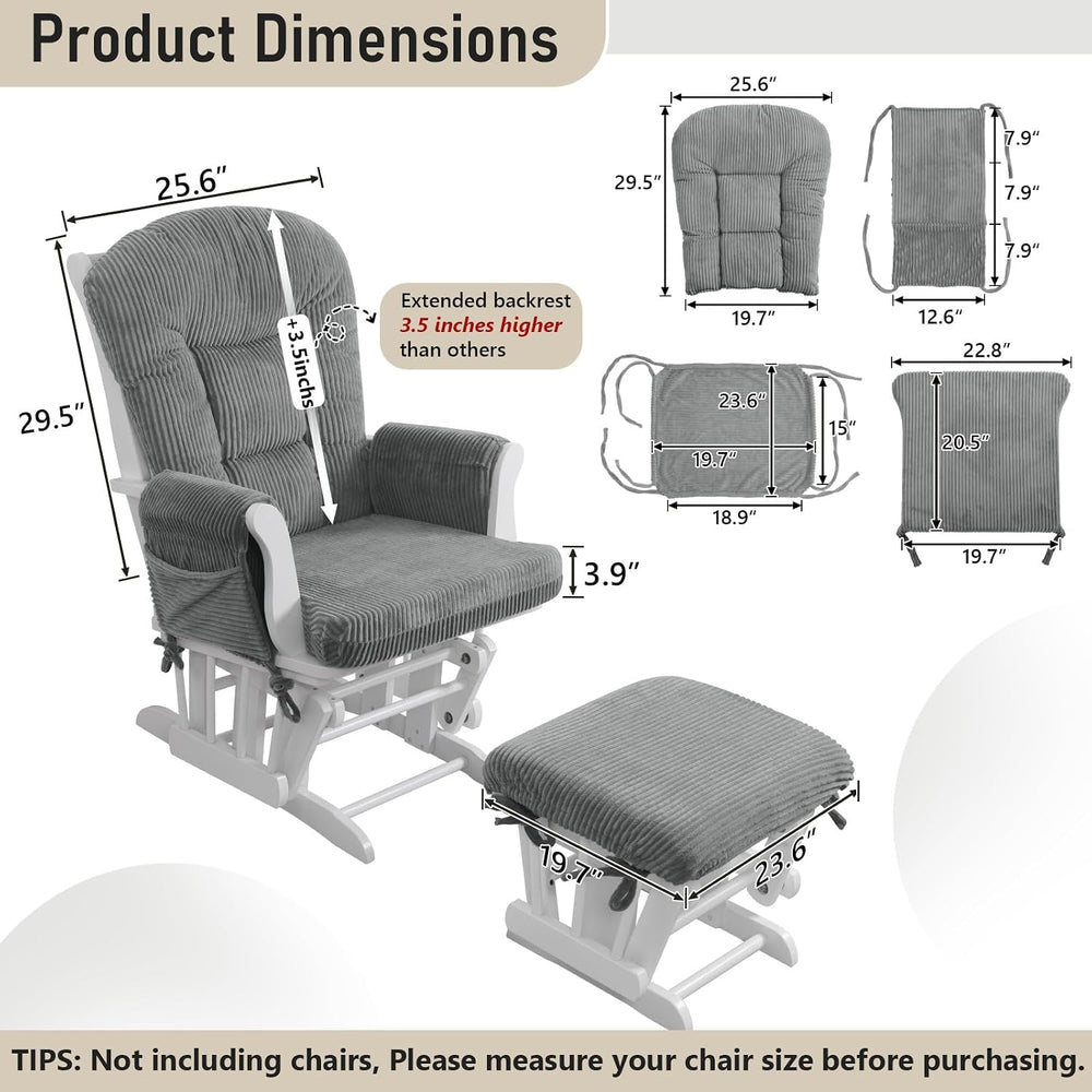 5PCS Glider Rocker Replacement Cushions with Storage Side Pockets, Grey