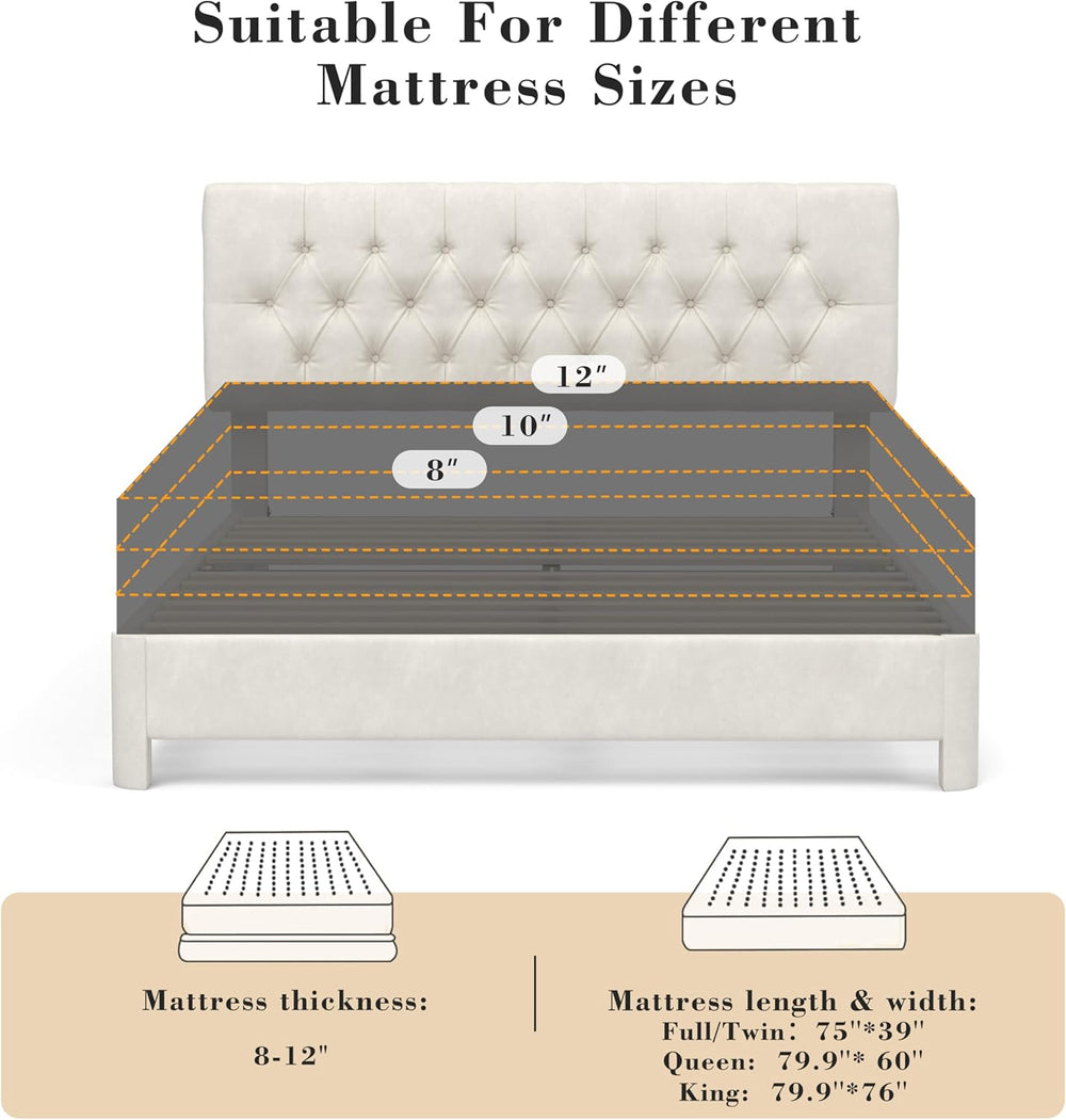 Queen Size Bed Frame with Headboard, Luxury Velvet Fabric Upholstered Bed fra...