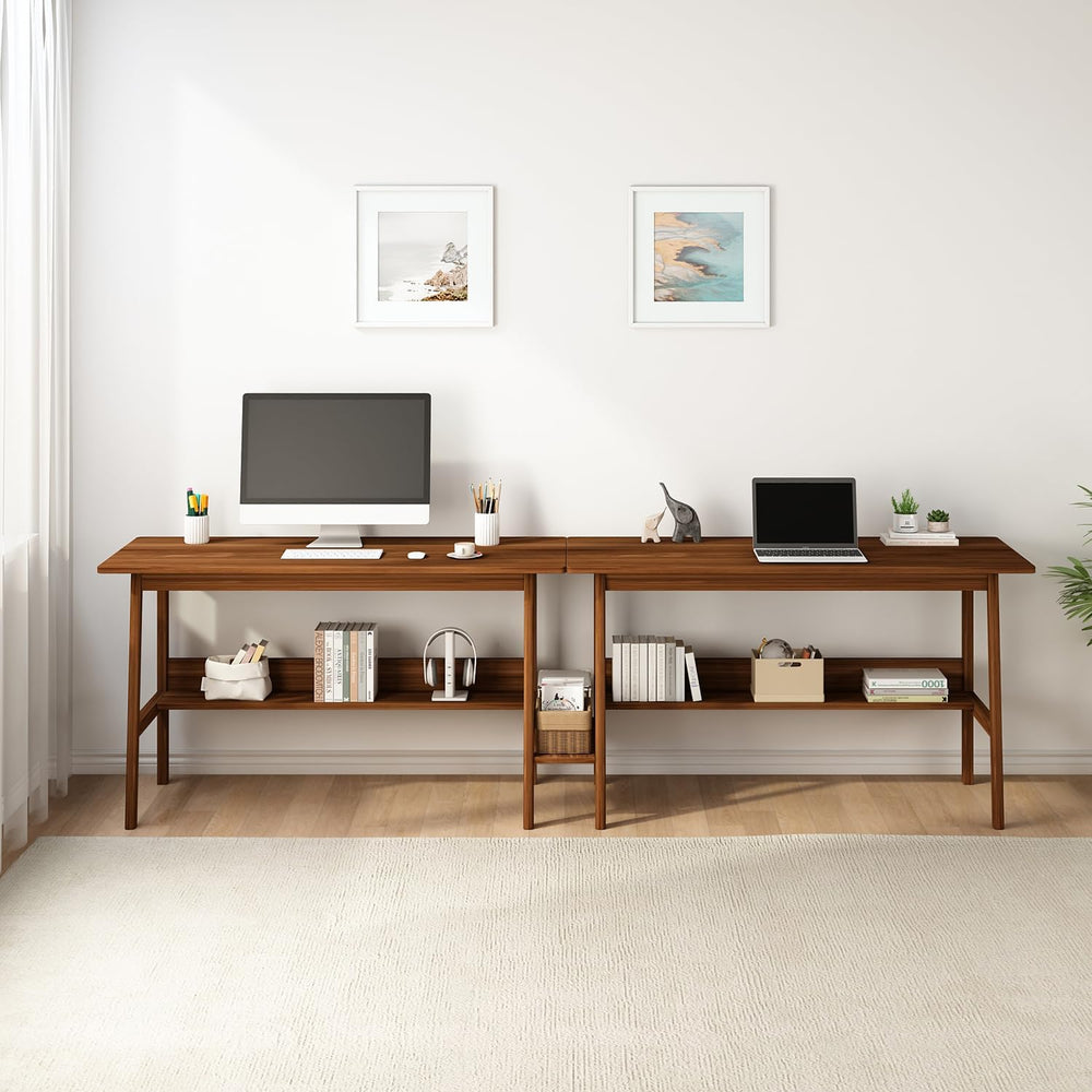 NELYE 2 Person Desk with Storage Bookshelf, 94” x 24” in, Walnut