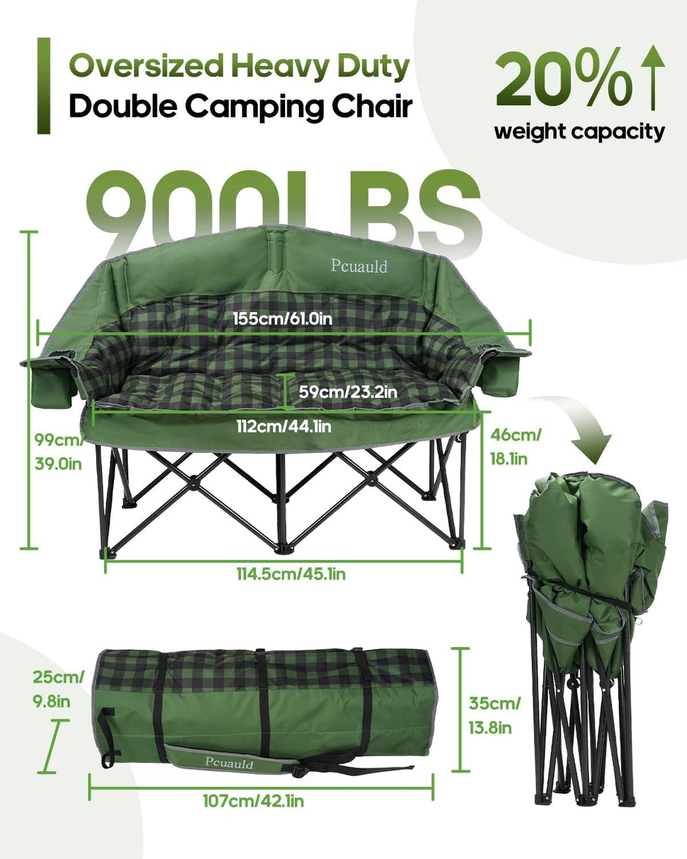 Padded Double Camping Chair Loveseat Oversized Camping Couch, Green