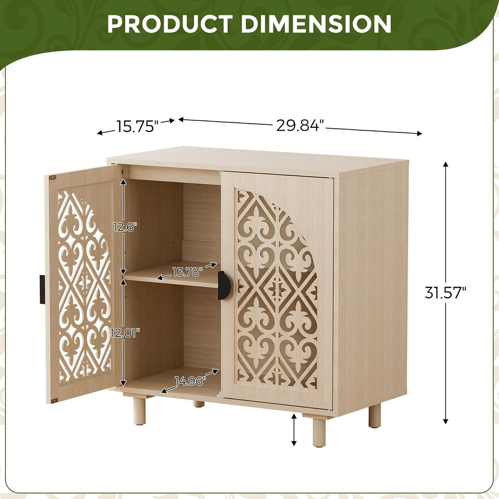 Boho Sideboard Buffet Cabinet with Adjustable Shelves, (Beige)