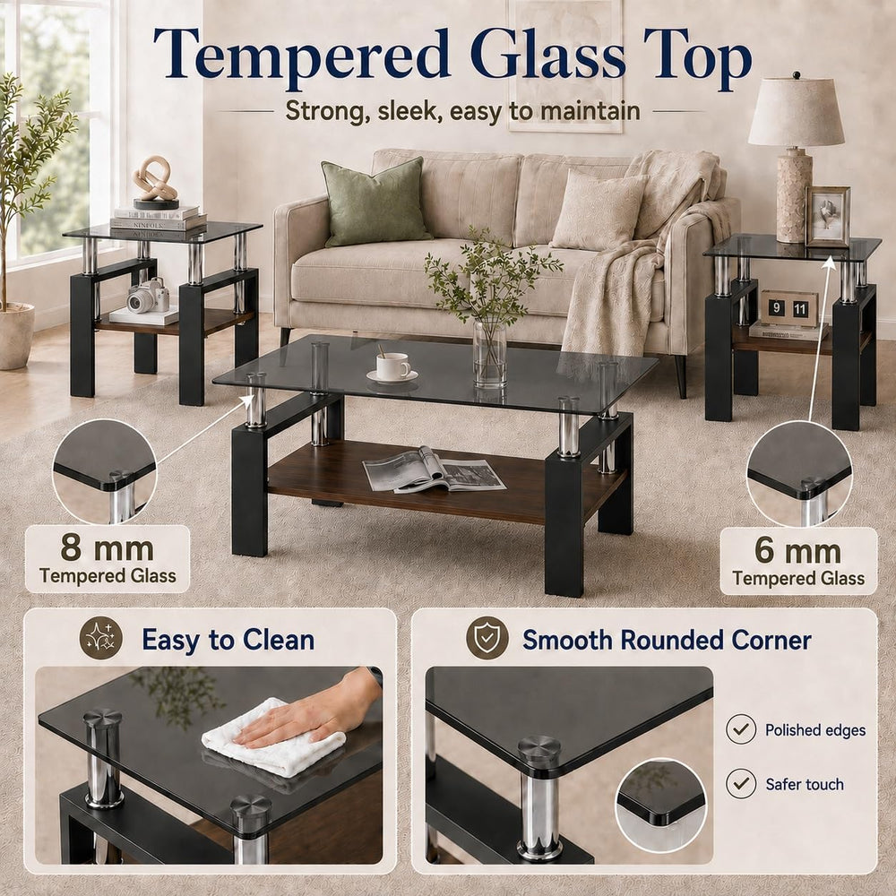 3-Piece Coffee Table Set, Glass Coffee Table & 2 End Tables, Black