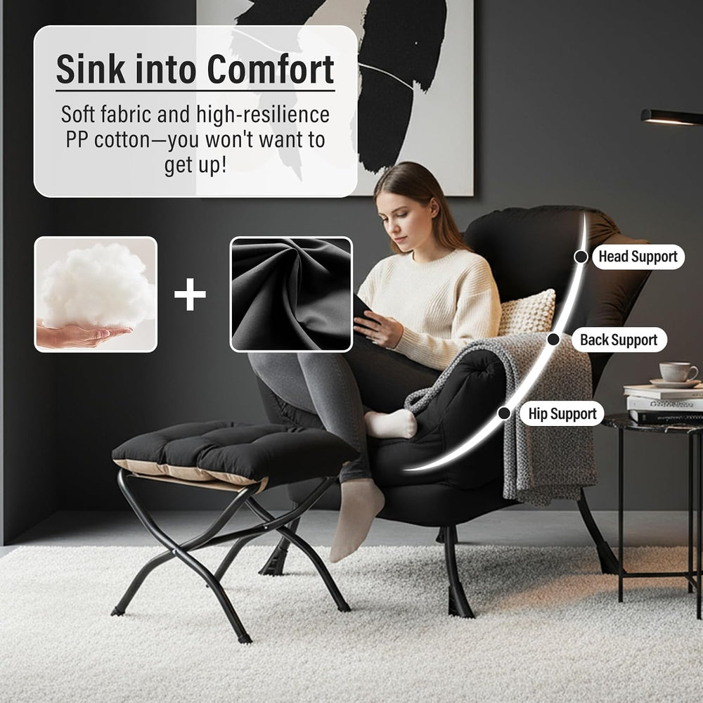 Furlide Lazy Chair with Ottoman, Soft Comfy Chair for Bedroom, Black