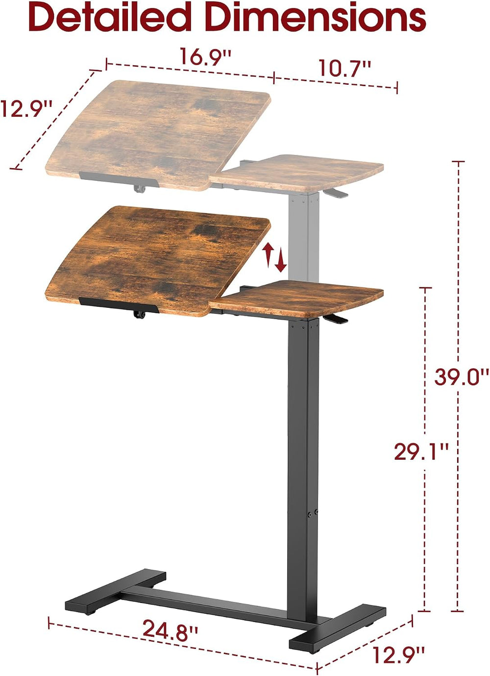 Sakugi Overbed Bedside Table with Wheels, Right-Side Tilt Top, 29.1"–39&...