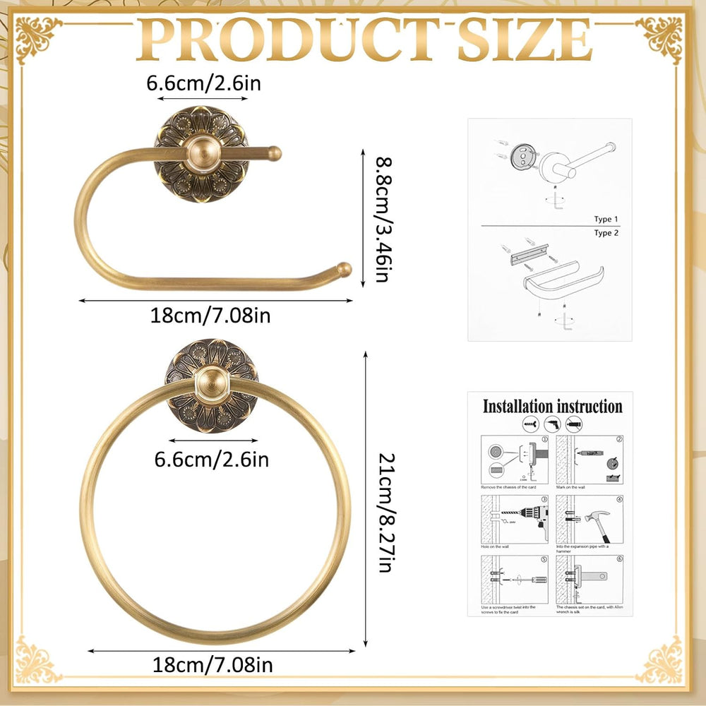 2 Pcs Toilet Paper Holder Towel Ring, Brass, Retro