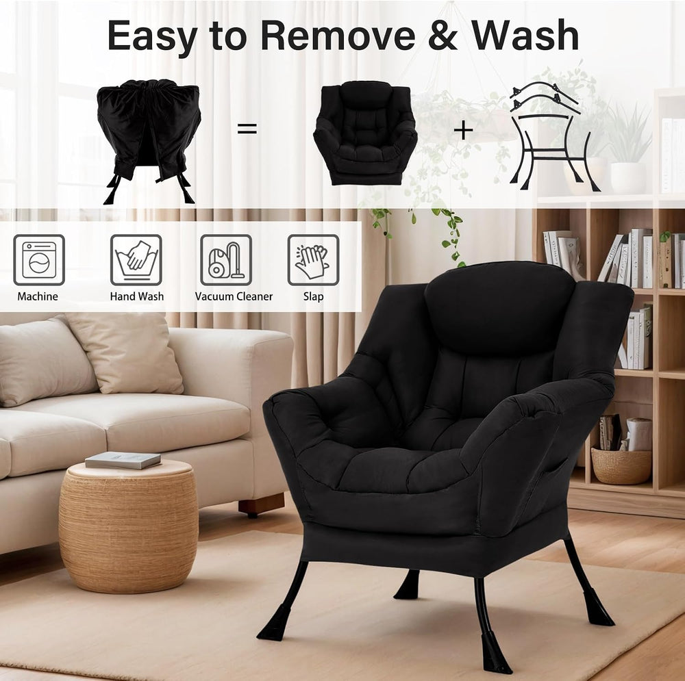 Furlide Comfy Lazy Reading Chair with Armrests and Side Pocket, Black