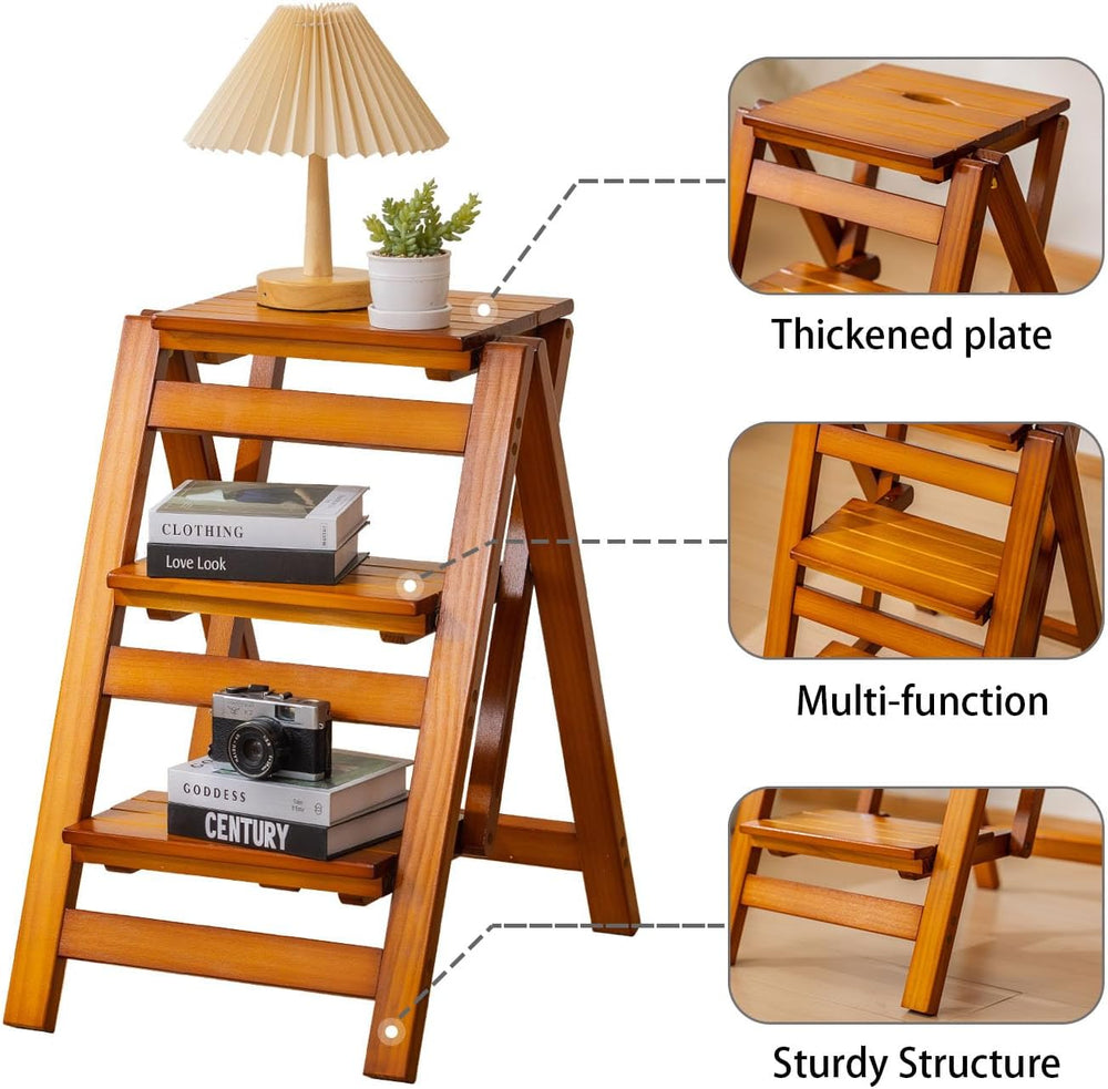Latifolia Foldable 3 Step Ladder, Wooden Step Stool with Floor Saver, Decorat...