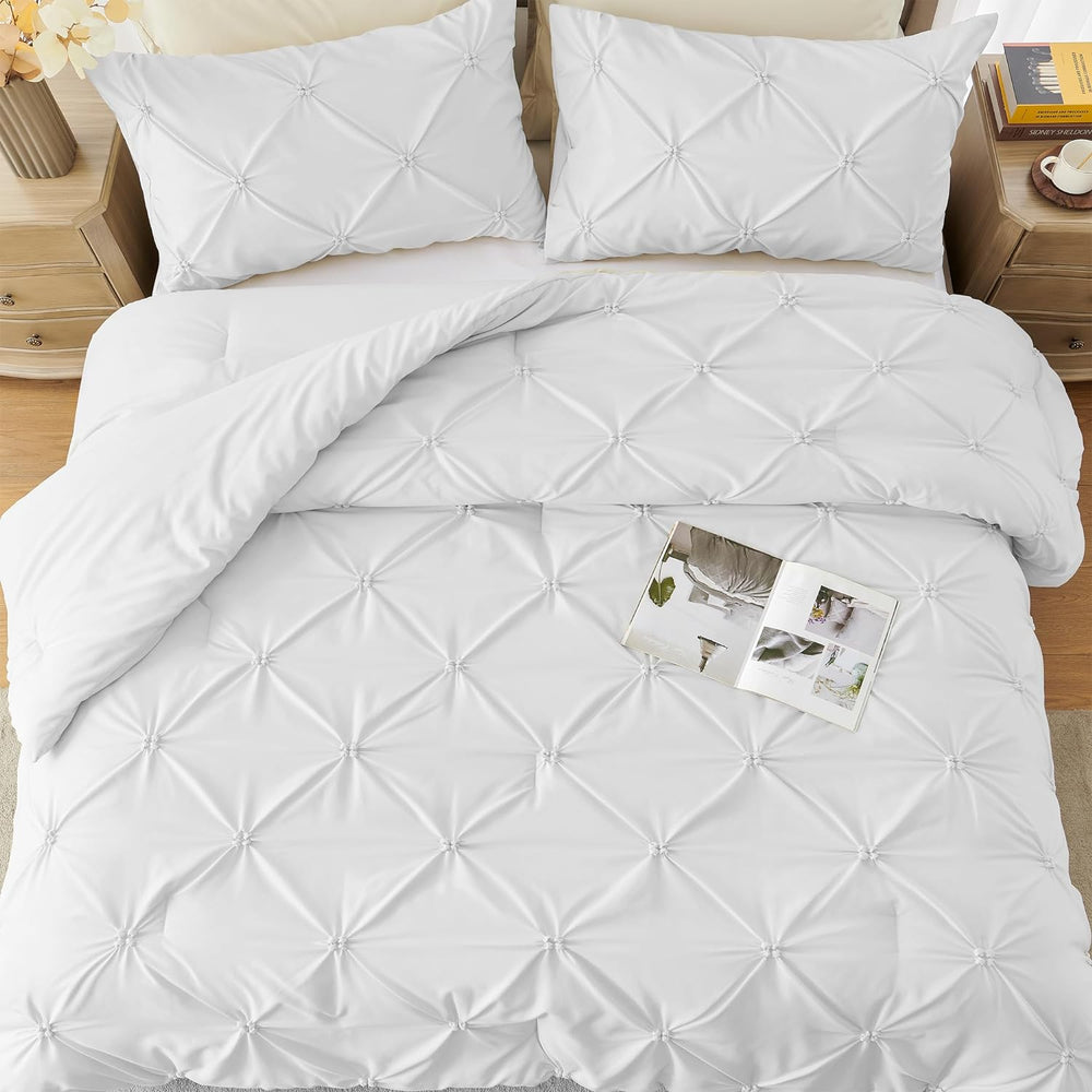 UNIKOME King Size Comforter Set White - Ultra Soft Boho Pintuck Down Alternat...
