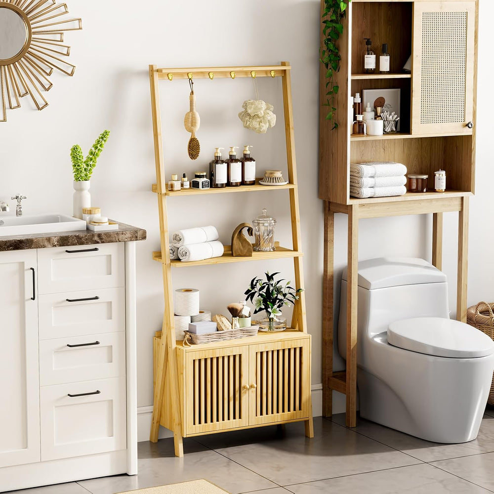 Bookshelf with Drawers, 4-Tier Bamboo Bookcase Ladder Shelf with 6 Hooks