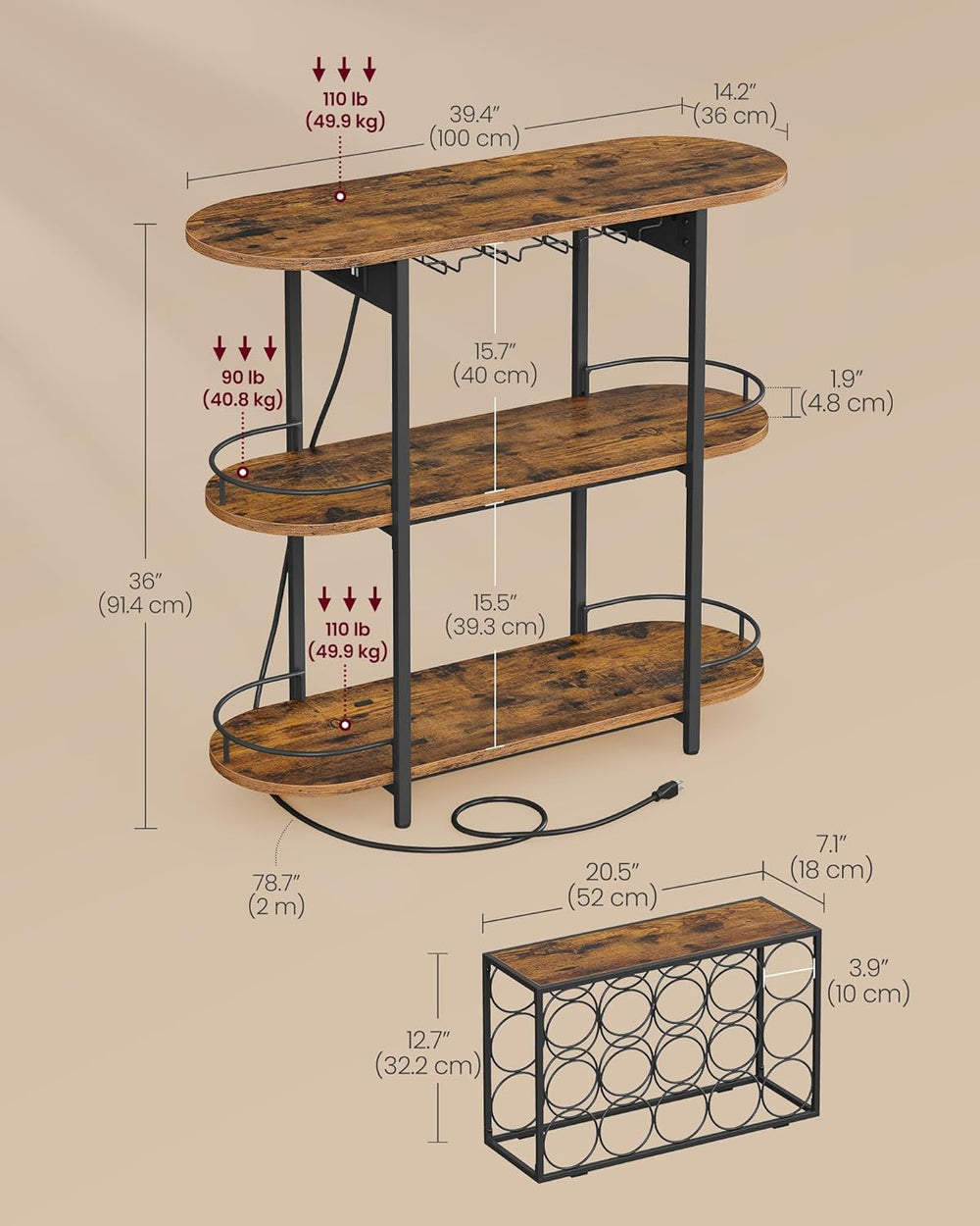 VASAGLE Bar Cabinet with LED Lights and Power Outlets, Wine Rack Coffee Bar
