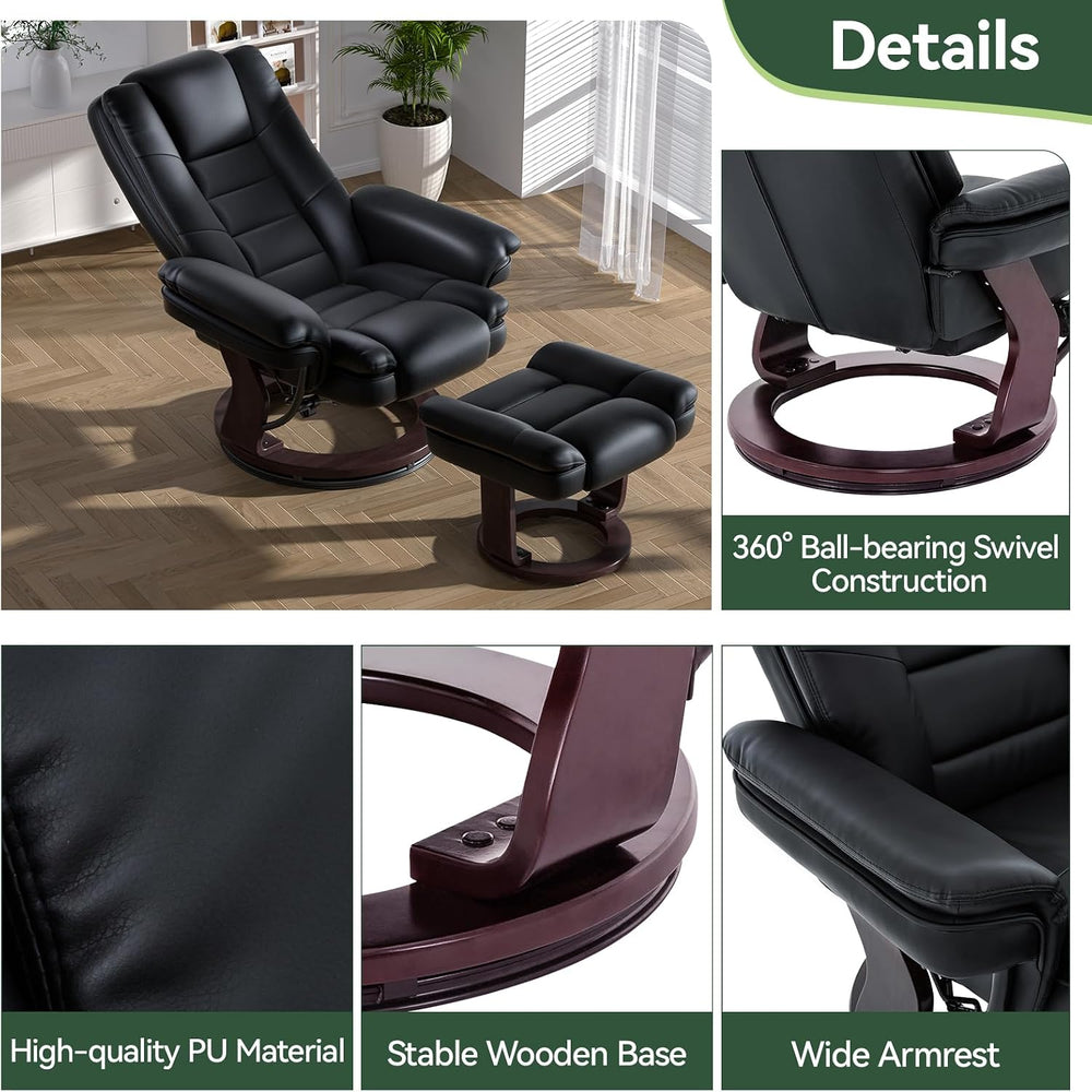 Swivel Recliner Chair with Ottoman, Adjustable PU Leather Recliner, Black