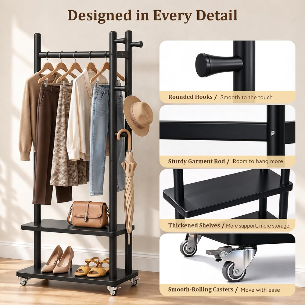 Taitiy Coat Rack Solid Wood Stand Storage 2 Shelves 5 Hooks Black