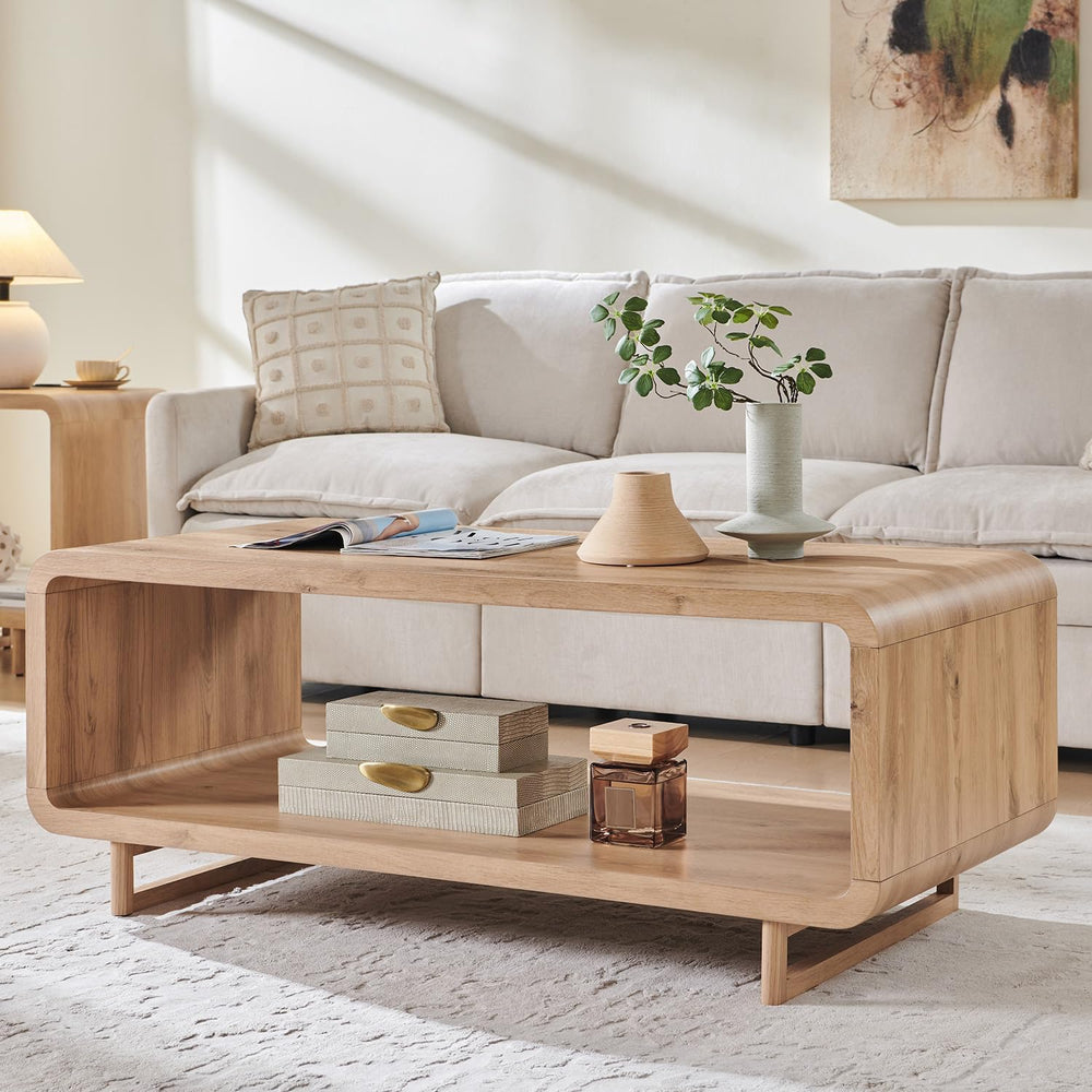 IFGET 48" Modern Coffee Table, 2-Tier Curved Center Table, Natural Oak