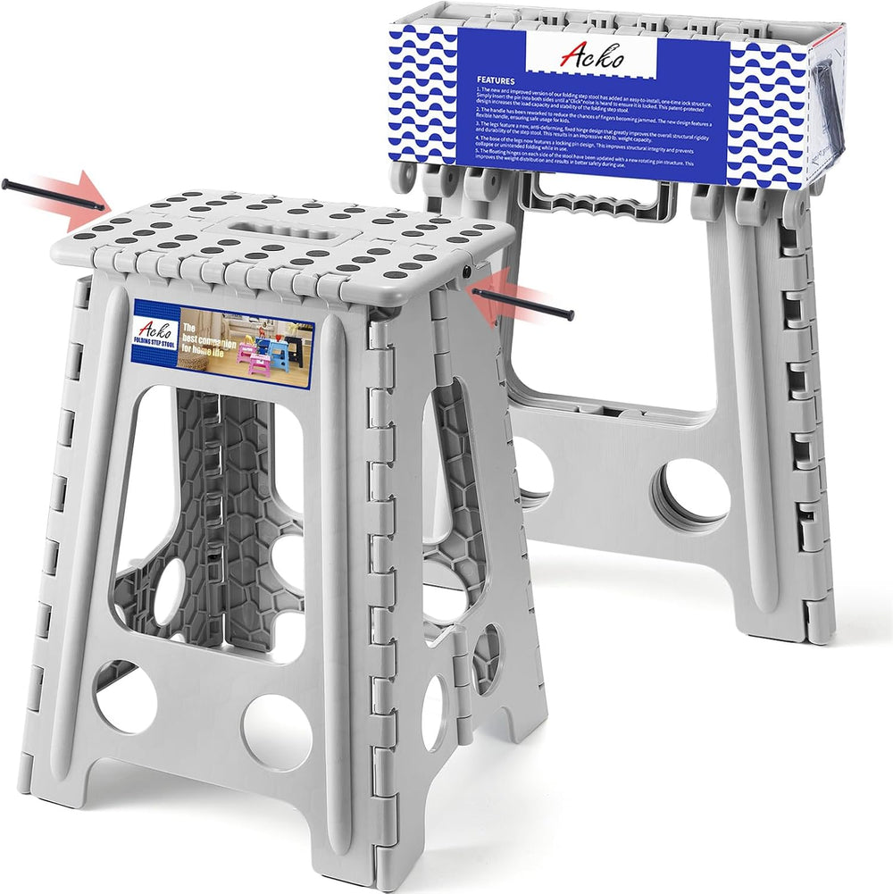 ACKO Folding Step Stool 17.5 Inch, 400 lbs Capacity Foldable Stools, Gray