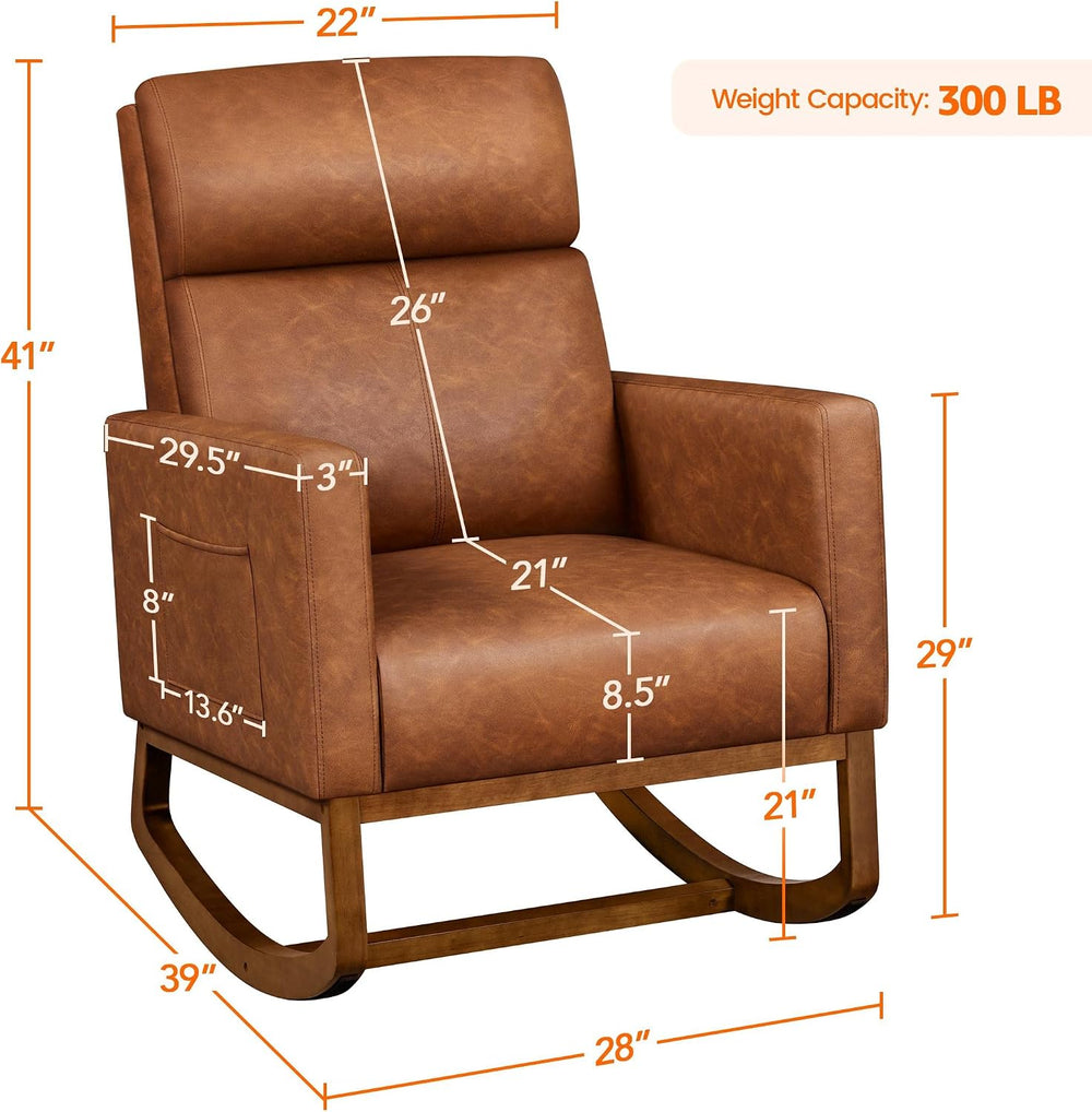 Yaheetech 28in Wide Padded High Back Glider Rocking Chair, Brown Leather