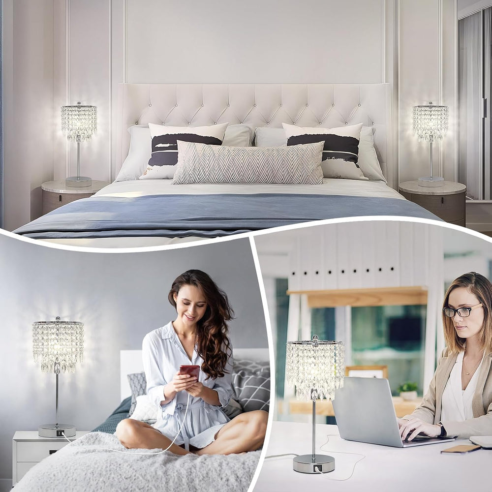 Crystal Table Lamp Set of 2 Touch Control, Crystal Lamps with USB Ports Elega...