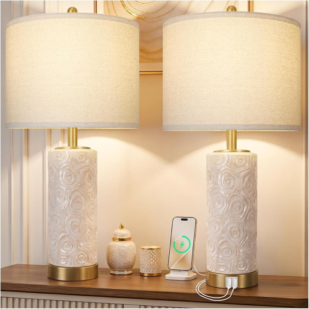 KIVDITZO 25.5" Boho Ceramic Table Lamps Set of 2 with 3-Way Dimmable Bulb