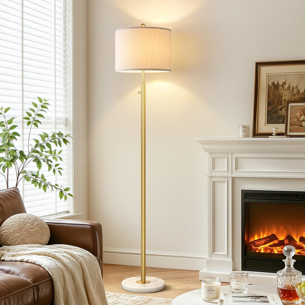 Nintiue Dimmable Gold Floor Lamp, Turkish Marble Base, White Linen Shade