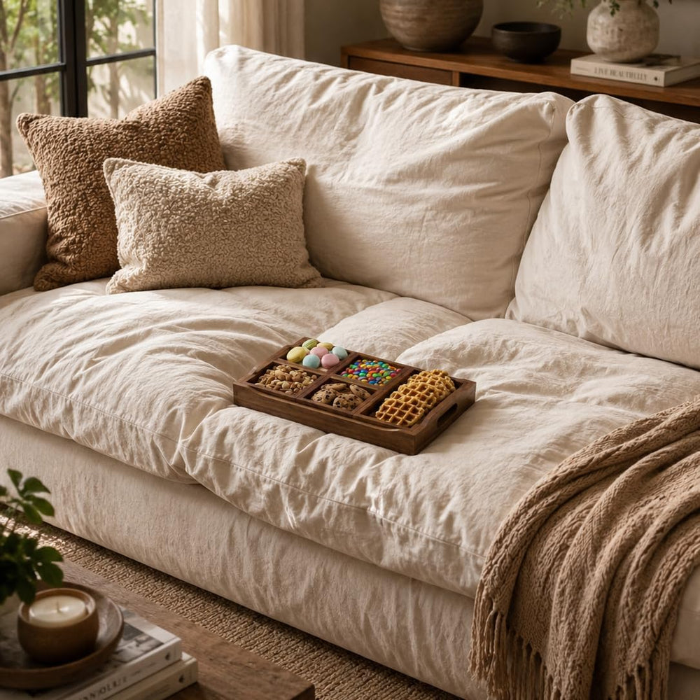 Acacia Wood Serving Tray with Handles for Ottoman Coffee Table