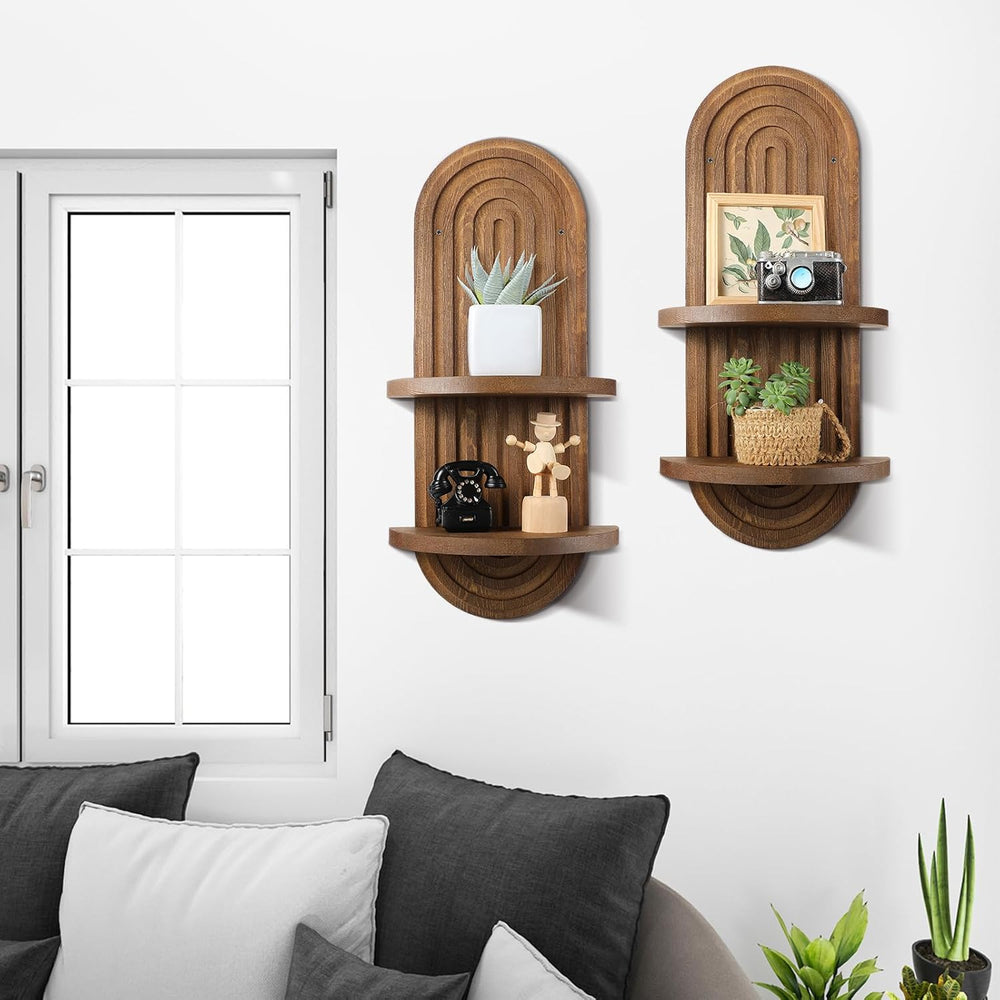 Wenqik 2 Pcs Boho Wall Shelf Rainbow Arch Wooden Floating Shelf, Brown