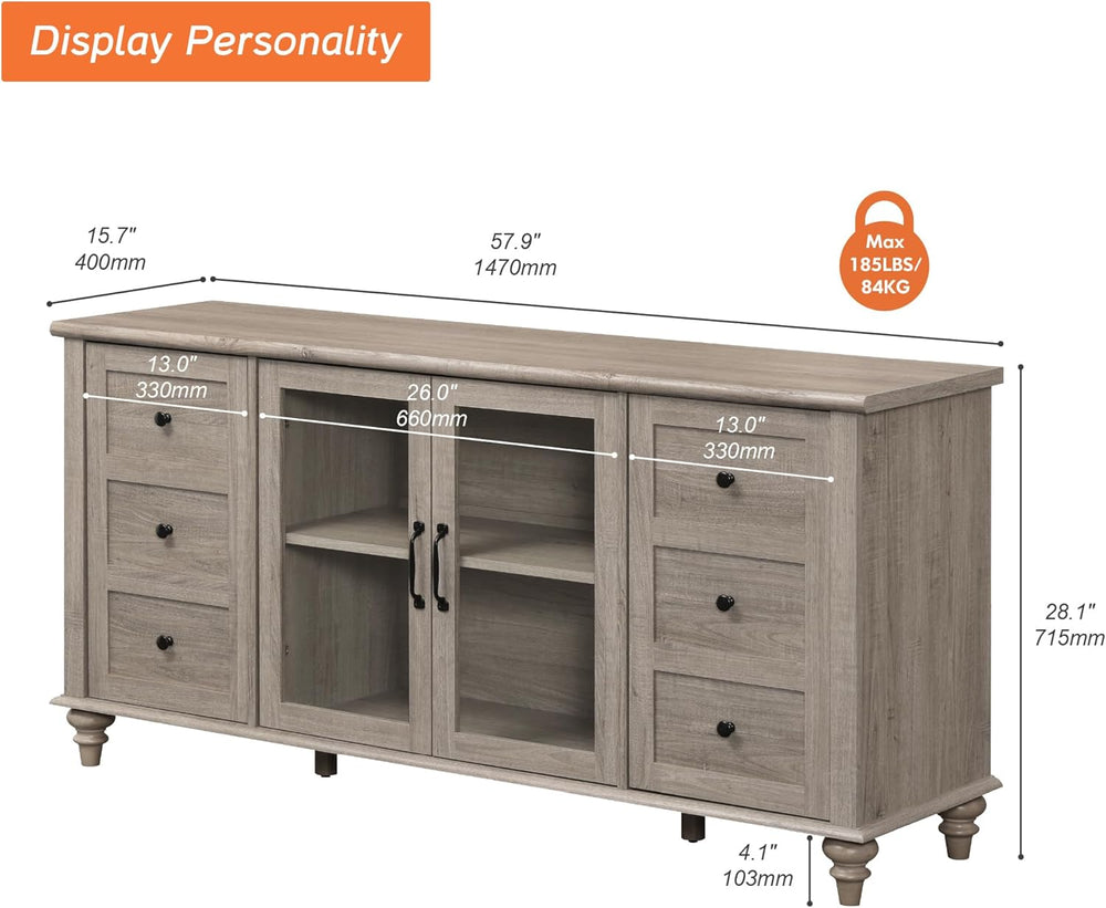 WAMPAT Farmhouse Sideboard Buffet Cabinet with Glass Door & Adjustable Sh...